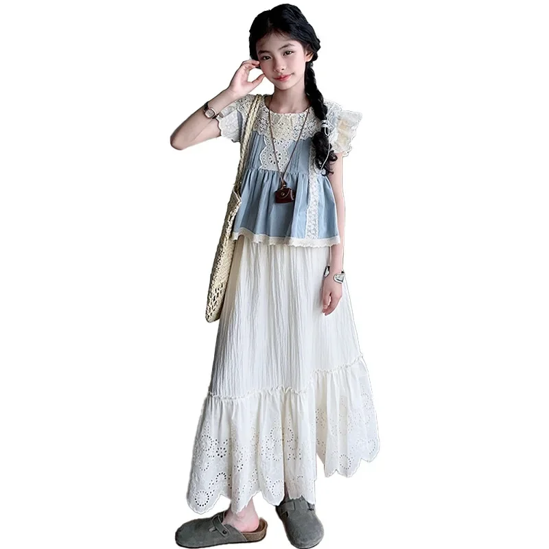 ensemble-de-robe-d'ete-pour-adolescentes-haut-a-manches-volantes-en-dentelle-douce-jupe-creuse-froissee-2-pieces-costume-pour-enfants-de-4-a-14-ans