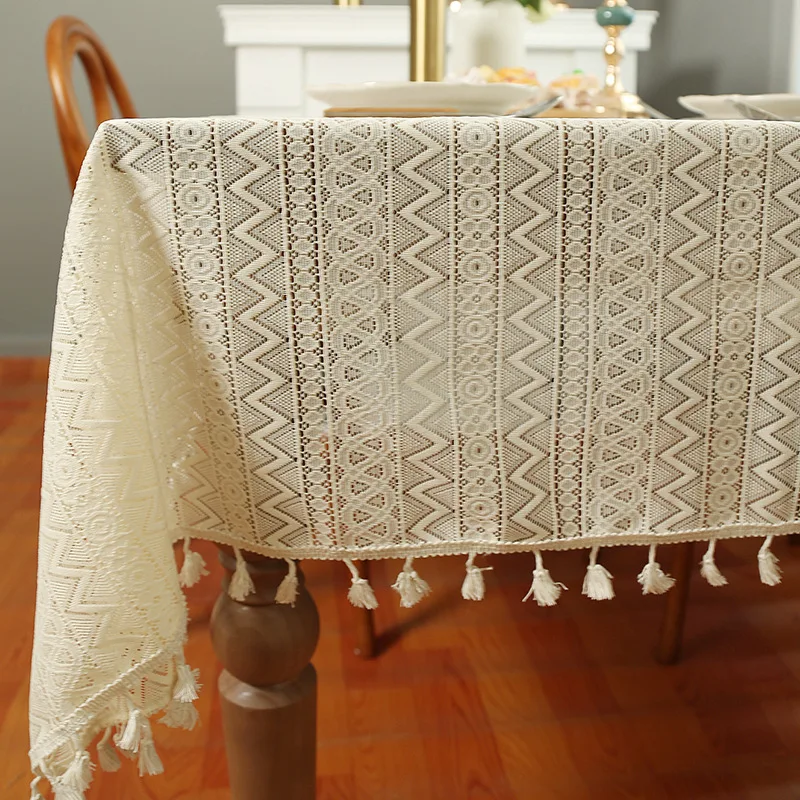 

Beige Lace Striped Tassel Rectangle Dustproof Tablecloth, Friendly Cotton Blend, Hollow Out Decor, For Wedding Home Table Decor
