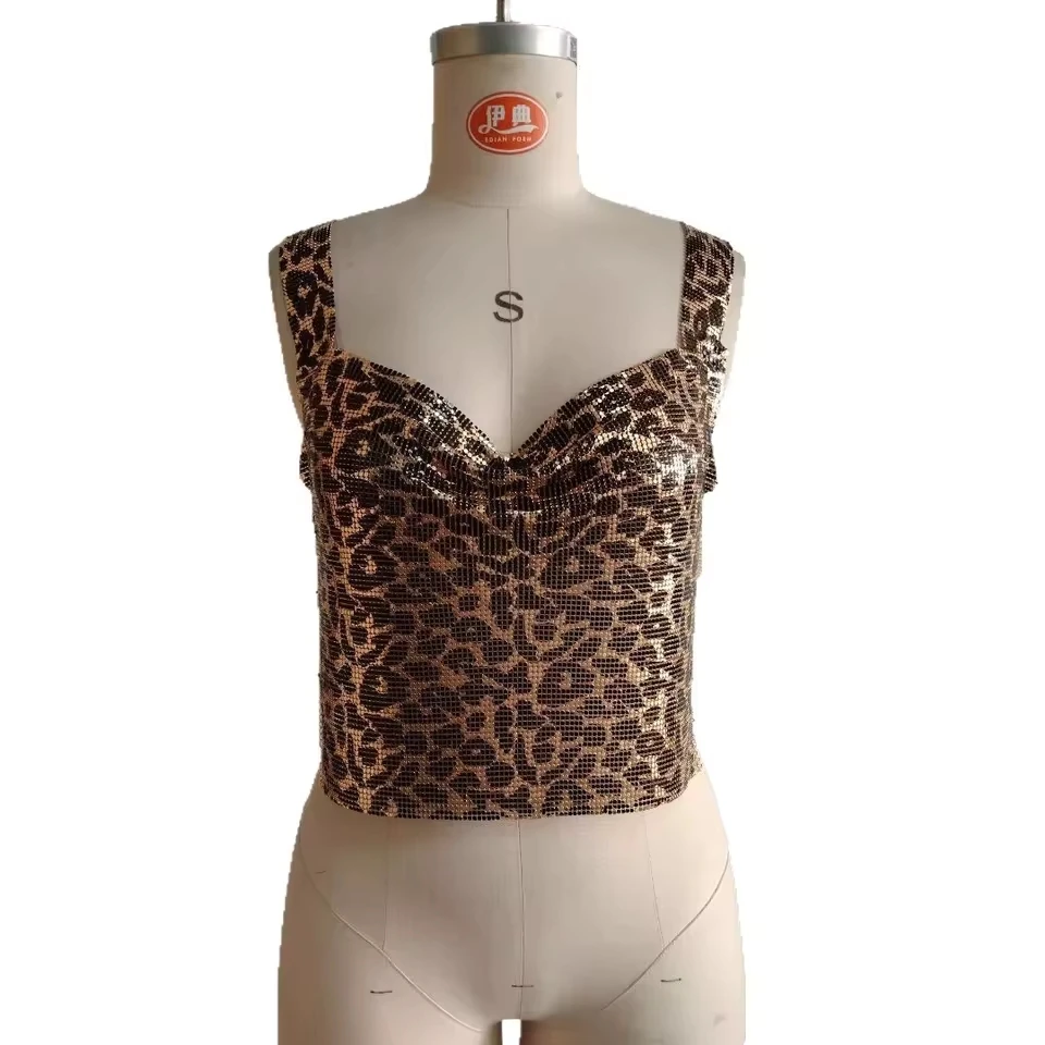 

Women's Metal One-Shoulder Leopard Print Crop Top Heavy-Duty Alloy Sleeveless T-Shirt Unique And Sexy Strapless Top