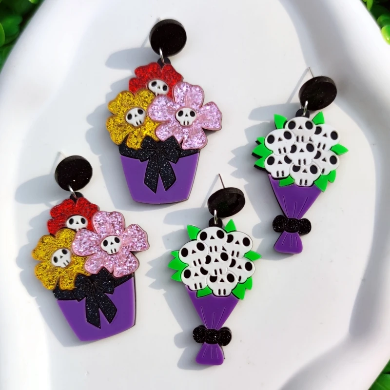 KUGUYS هالوين هيكل جمجمة باقة الاكريليك أقراط المرأة القوطية الأزهار مجوهرات فريدة مخيف هدية اكسسوارات #1