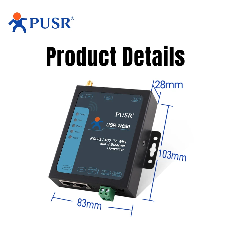 USR-W630 2 منفذ WiFi إلى محول مسلسل Modbus بوابة RS232 RS485 إلى محول إيثرنت واي فاي
