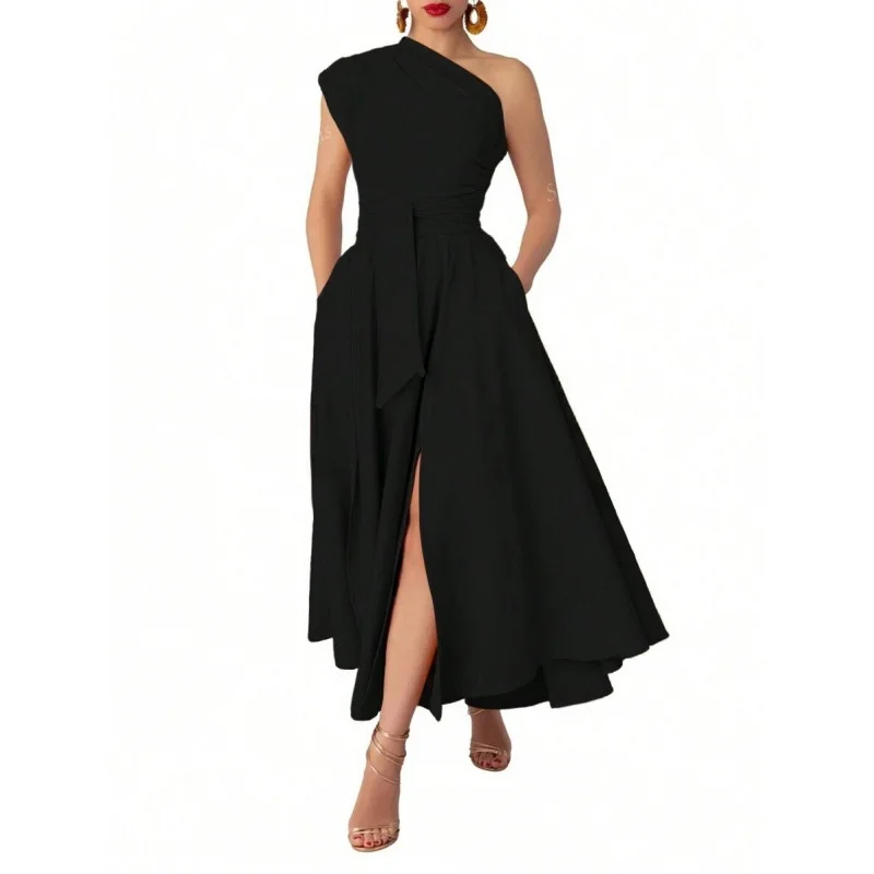 

Slant Collar Waist-Cinching Dress Elegant High Neck Gown City Walk Suitable for plus Size Women Winter Collection