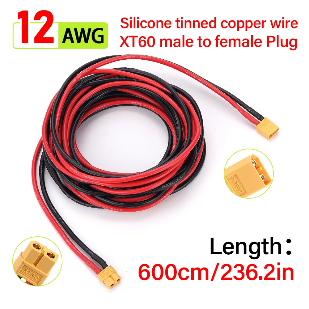 

12AWG XT60 Silicone Wire Male Female Conversion Plug Connection Cable Battery Connector Fits Solar Panels Battery Packs 600CM