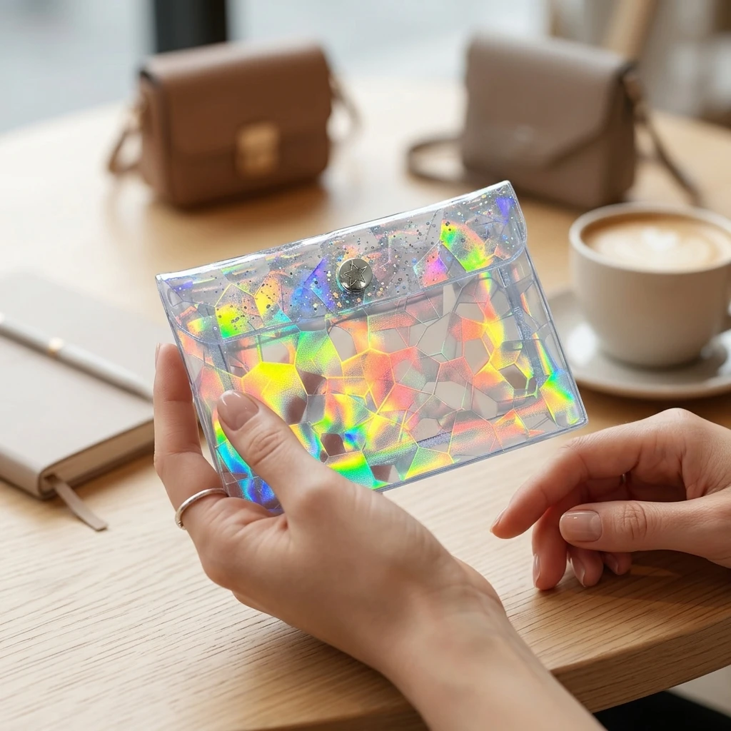 PVC Transparent Card Holder with Glitter Stars Snap Closure for Campus Daily Use Cute Key Coin Cards Storage Bag
