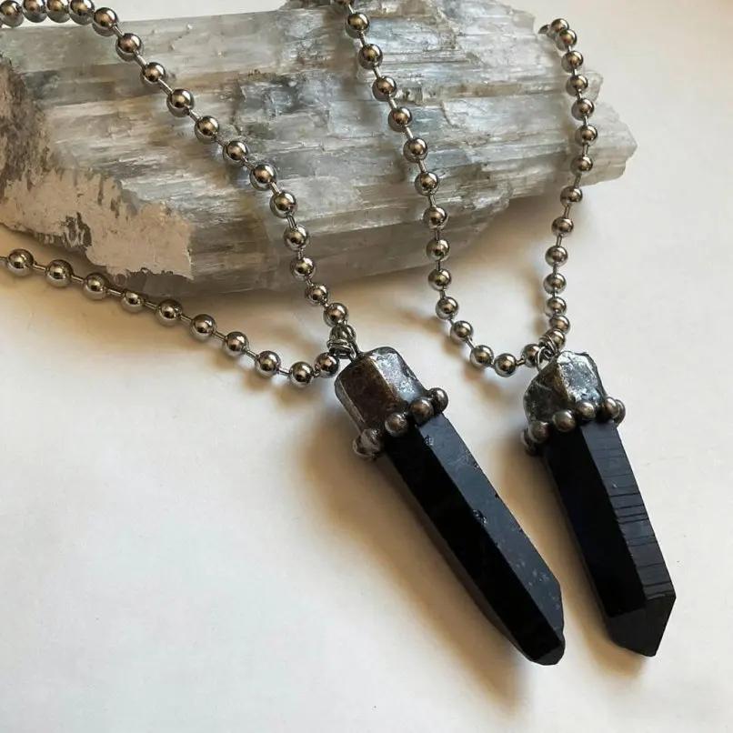 Smoky Morion Crystal Free Form Necklace Handmade Vintage Soldered Antique Silver Plated 16inch Jewelry For Women