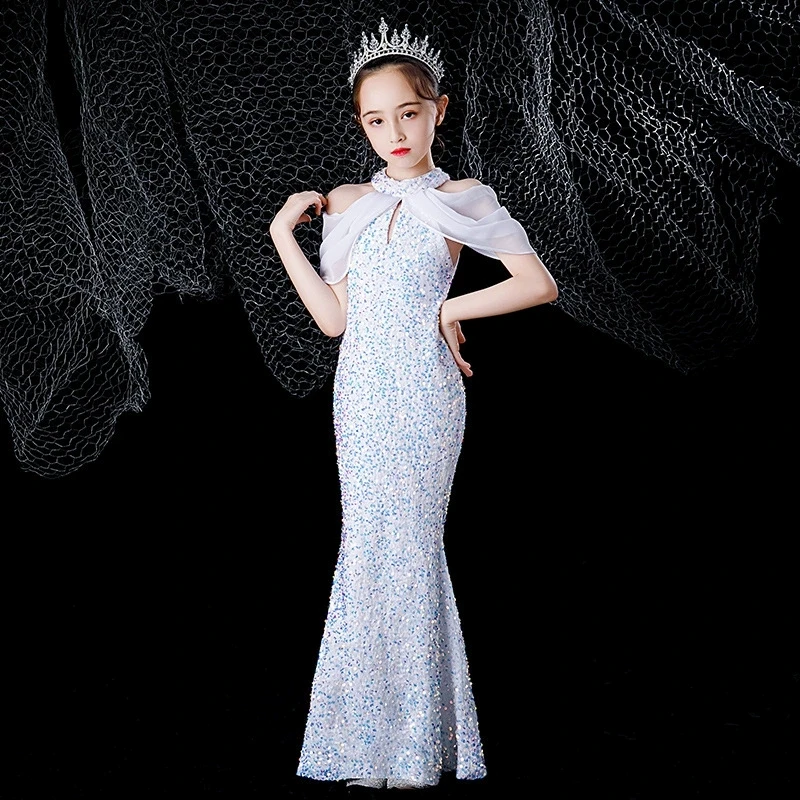 

Белое платье с цветочным узором для девочек на свадьбу, детские платья для подружек невесты, элегантное вечернее платье-русалка для девочек, наряд для церемоний и вечеринок