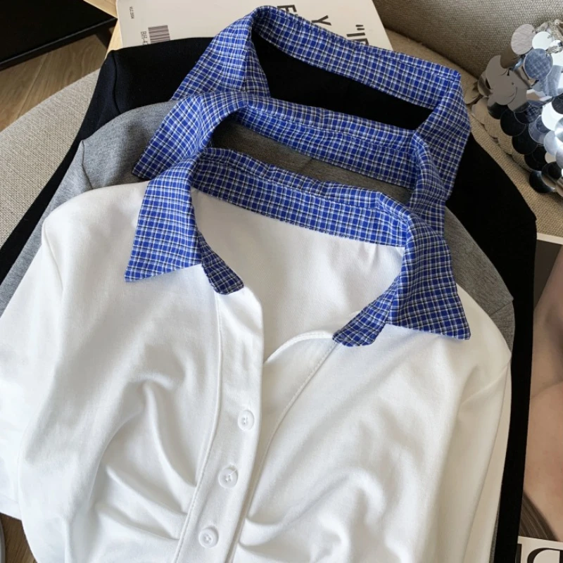 Herbst Vintage Plaid Patchwork Polo Kragen frauen T-shirts Casual Einreiher Langarm Gestrickte Shirts Tops Weibliche 2025