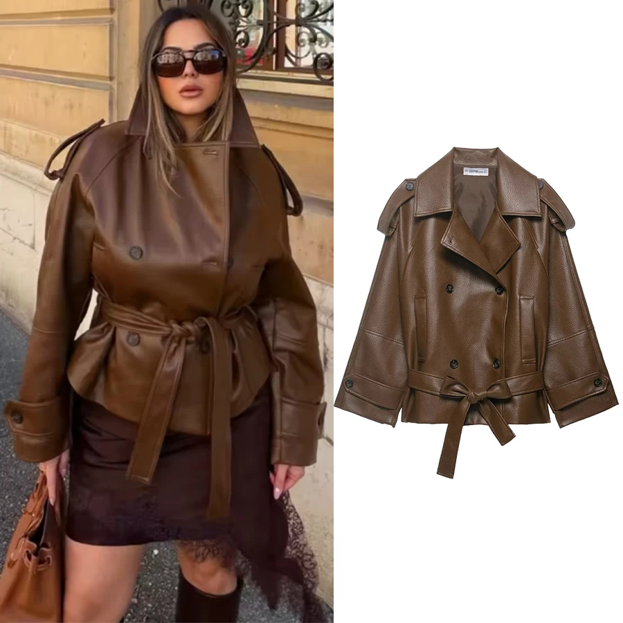 

Women Casual Chic Brown Leather Jackets Women Long Sleeve Buttons Belt Coats Fashion Female Spring Autumn Streetwear Coats ﻿ ﻿