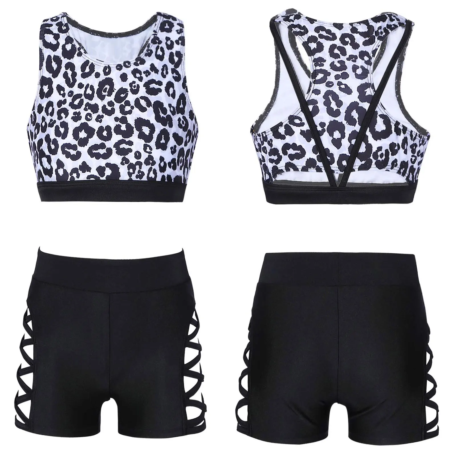 

Kids Girls Sleeveless Ballet Dance Sets Leopard Print Sport Vest and Shorts Set Sportswear for Gymnastics Yoga Dance Running