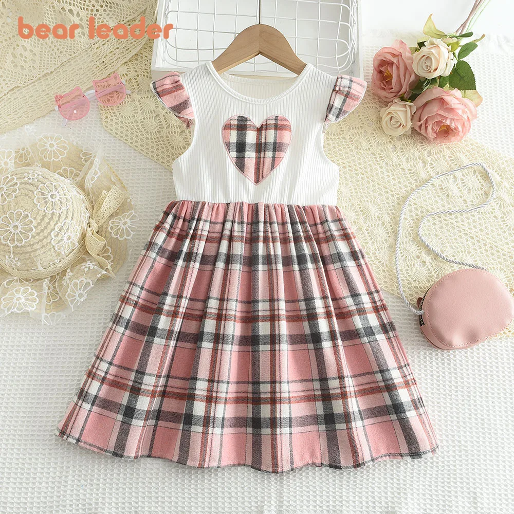 Bear Leader   Summer 2024 New Girls New Round-necked Fly Sleeve Check Stitching Dress