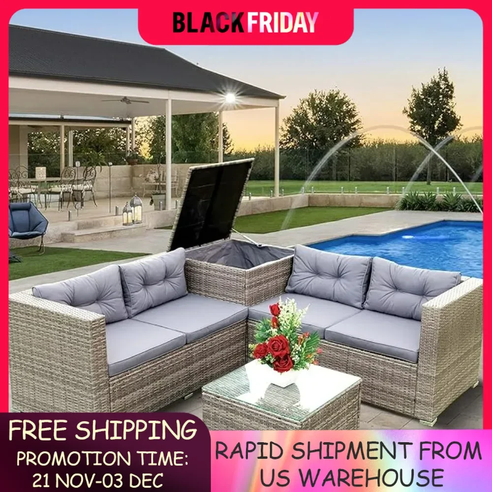 4 Pieces Patio Sectional Furniture Set Outdoor Wicker Conversation Sofa Couch with Storage Box, L-Shaped