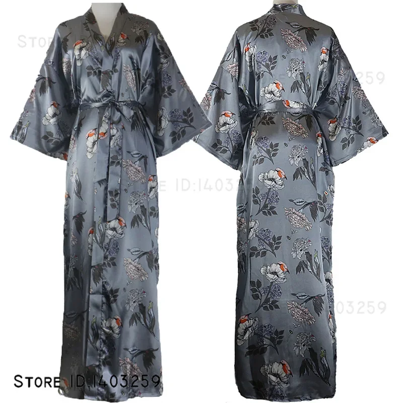 

Весенне-летняя длинная ночная рубашка, женский халат с цветочным принтом, домашнее платье, кимоно, халат, пеньюар, свободная повседневная одежда для сна из искусственного шелка