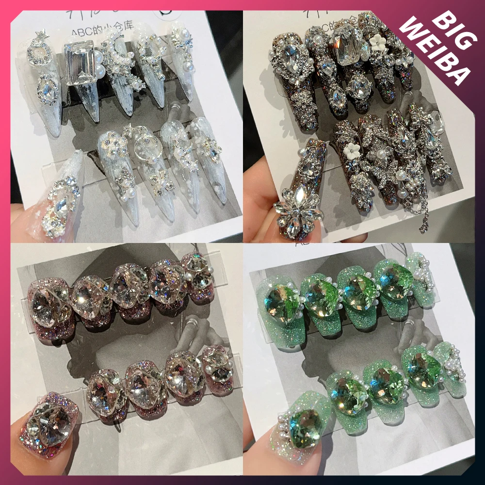 10Pcs Diy Luxury Court Shiny Colorful Rhinestone Handmade Press On Nails Long Coffin Short Square Reusable Full Cover Nails