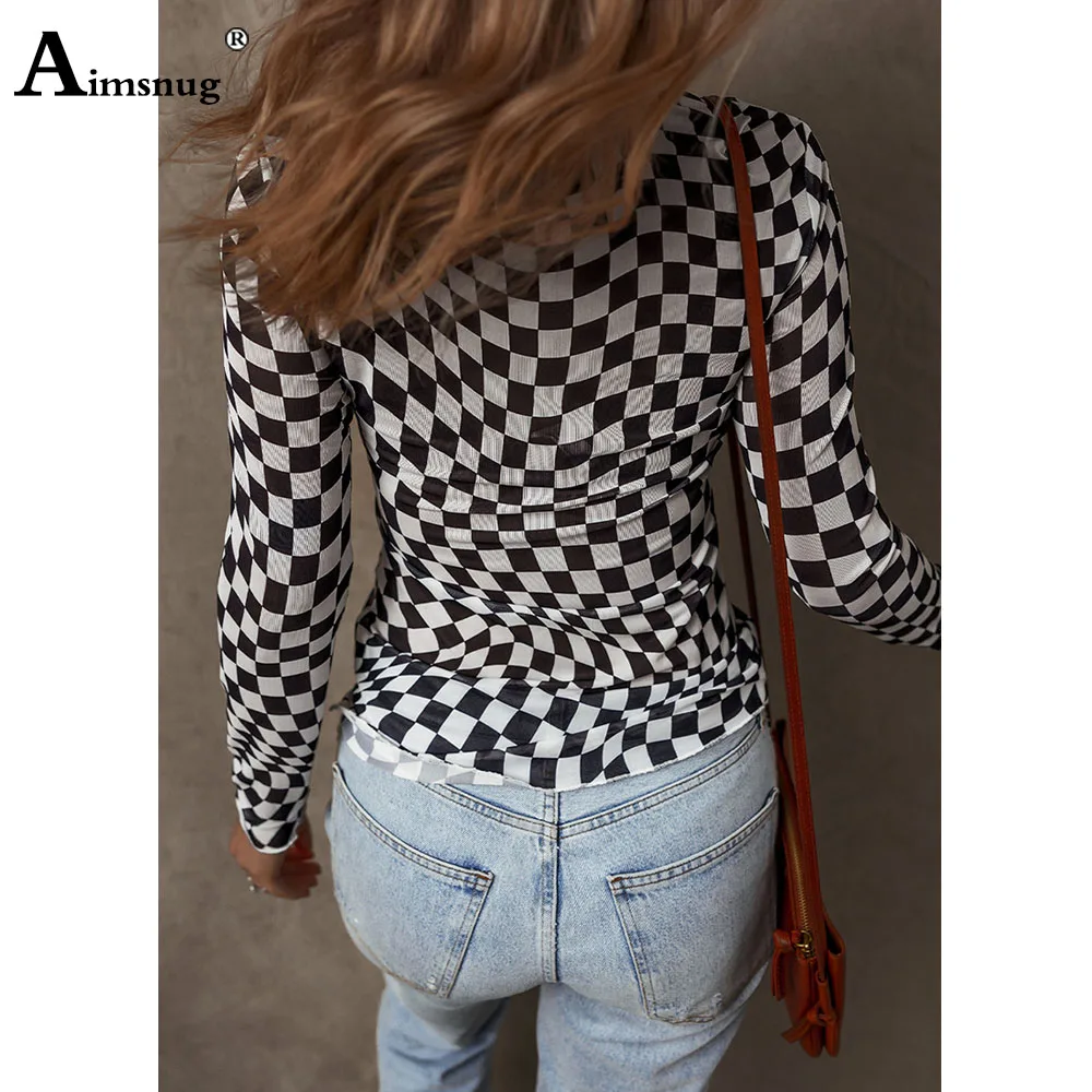 Frauen Beiläufige Dünne Tees Shirts Modell Plaid Print T-shirt Weibliche Lange Ärmel Grundlegende Top Rundhals Tunika Hemd Femmes Kleidung