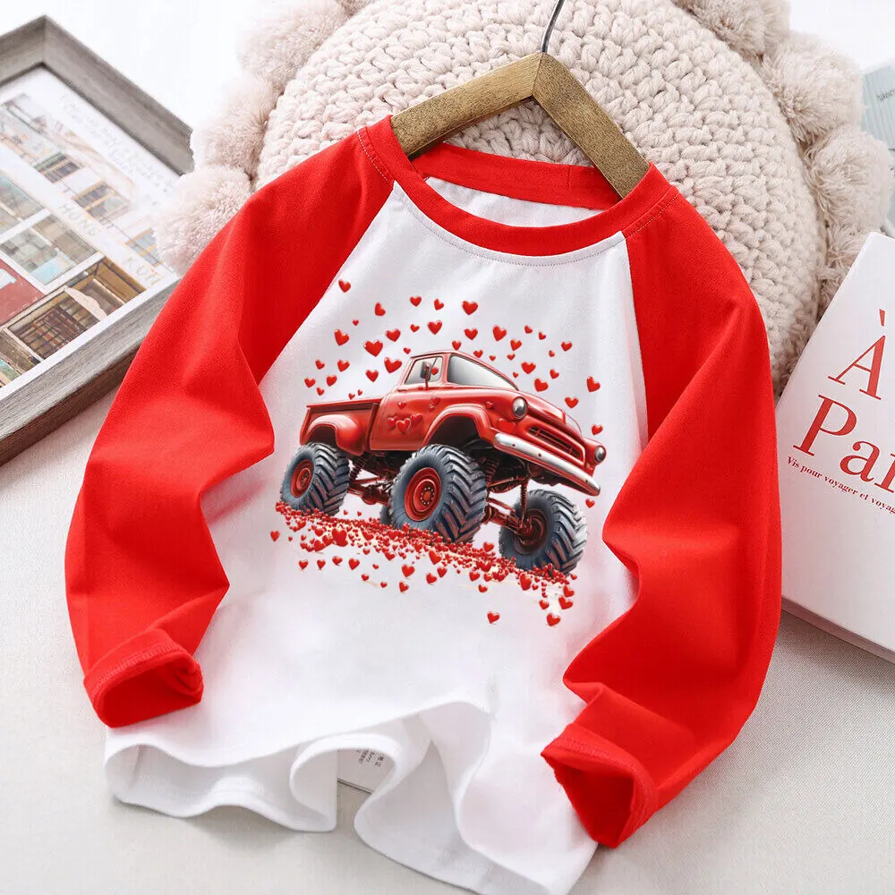 Valentine‘s Truck Printed Kids Shirts Valentine Day Party Child Round Neck T-shirt Boys Girls Raglan Sleeve Tee Holiday Clothes