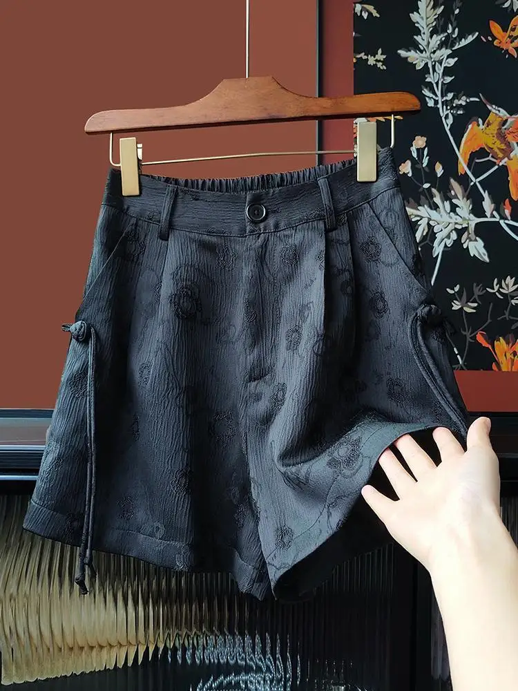Zwart Vintage 3D Reliëf Jacquard Casual Vrouwen Zomer Nieuwe Chinese Stijl Hoge Taille Wijde Pijpen Shorts