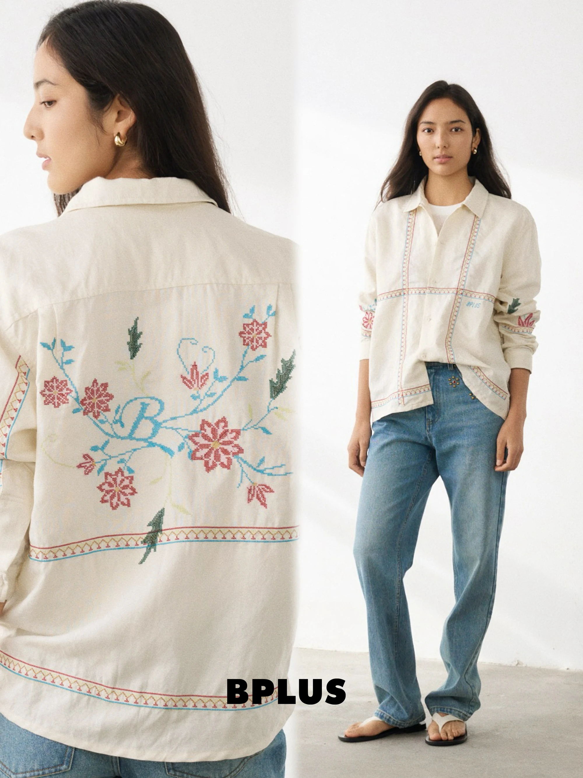 

BPLUS26S Heavyweight Linen Indian Flower Embroidery Loose White Shirt Women's Casual Style Breathable Long Sleeve Button up