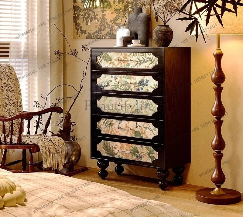 retro solid wood chest of drawers, living room entrance decoration, bedroom, bedside locker