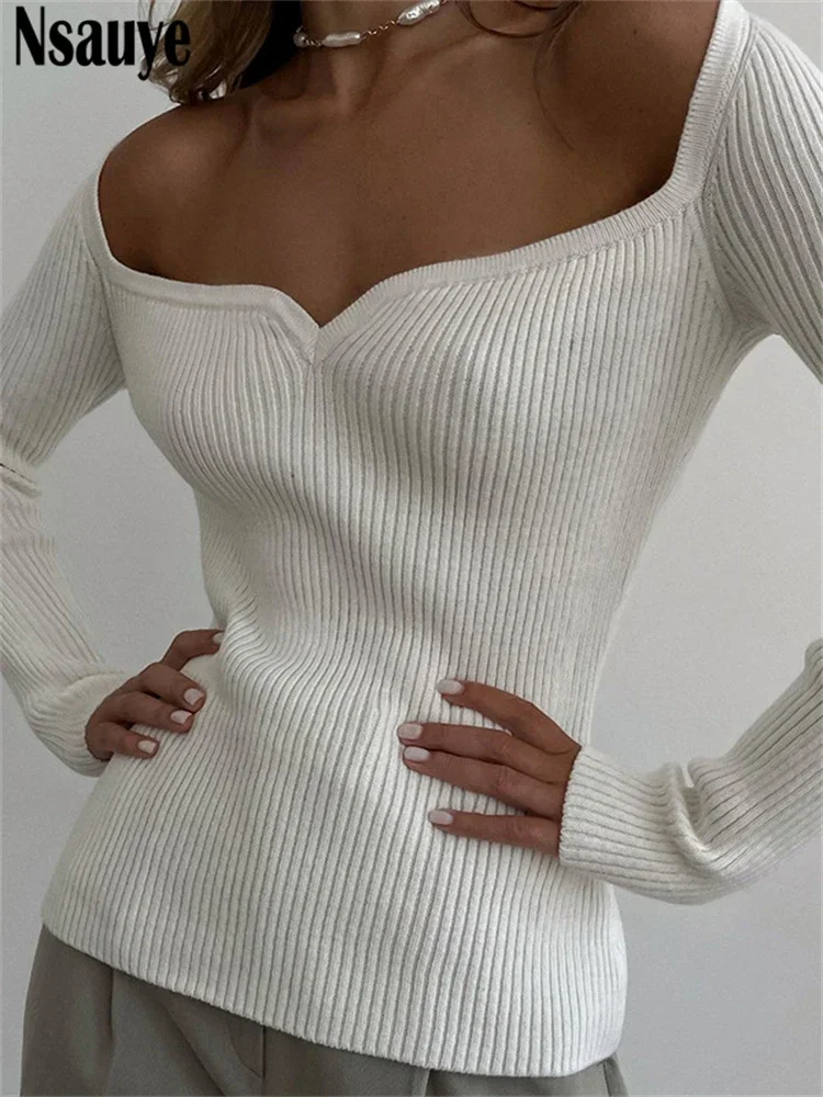 Nsauye Winter Knitwear Women Square Neck Long Sleeve Knitted Autumn Y2K Pullover Sweater Tops Casual Sexy Slim Jumpers Sweater