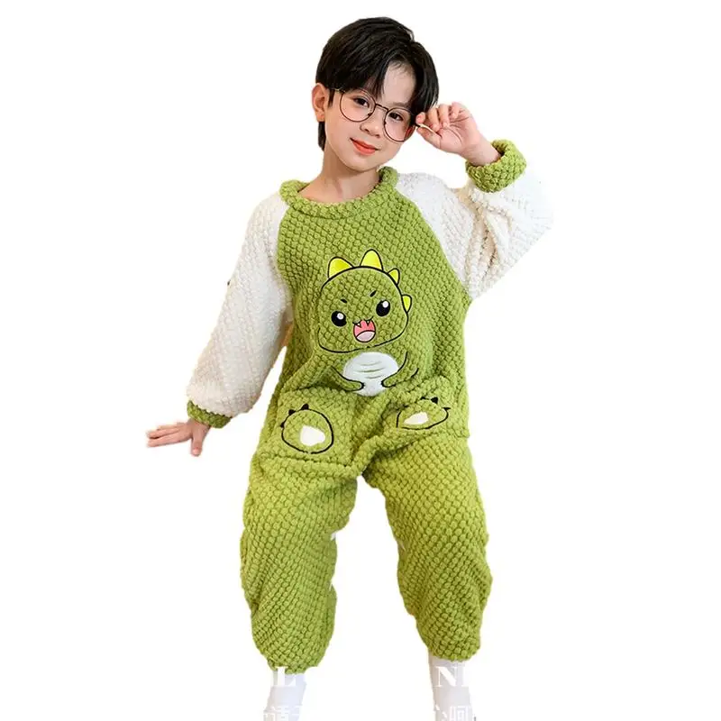 Onesie Pajamas For Kids Warm Costume With Dinosaur Pattern And 2 Small Pockets Velvet Pajamas Home Clothes For Autumn And Winter