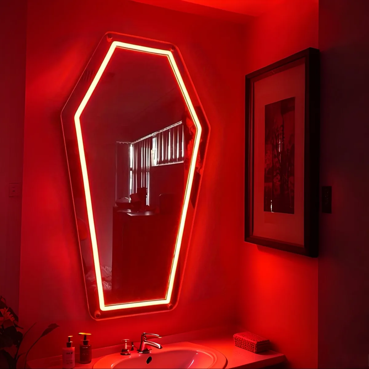 Coffin Mirror Neon Light, Mysterious Atmosphere decoration, Suitable for Rooms/Studio, Etc, Used for Wall Decoration on Holidays