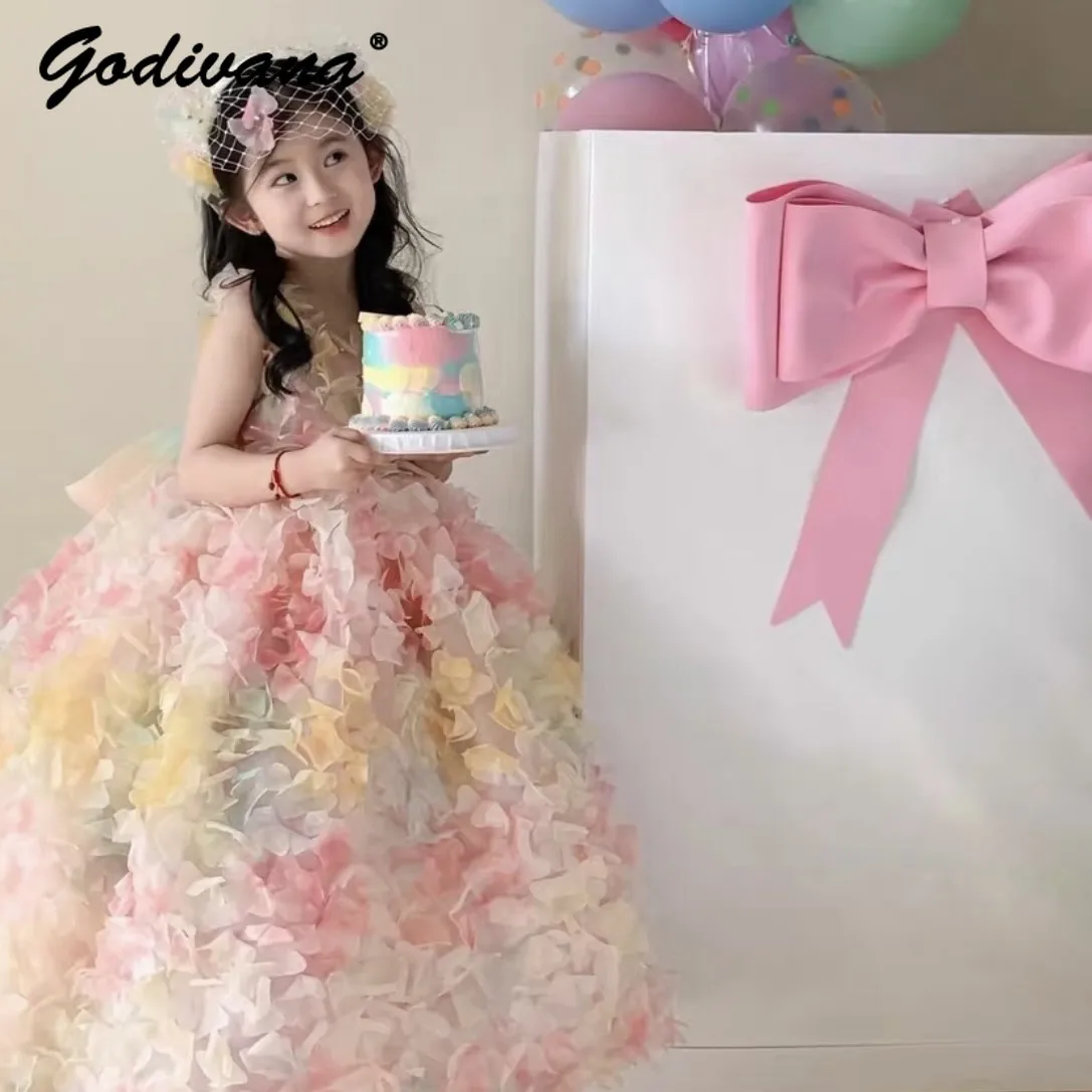 Sweet Baby Girls Summer New Wedding Flower Girl Princess Dress Childrens Elegant Colorful Mesh Host Piano Performance Ball Gown