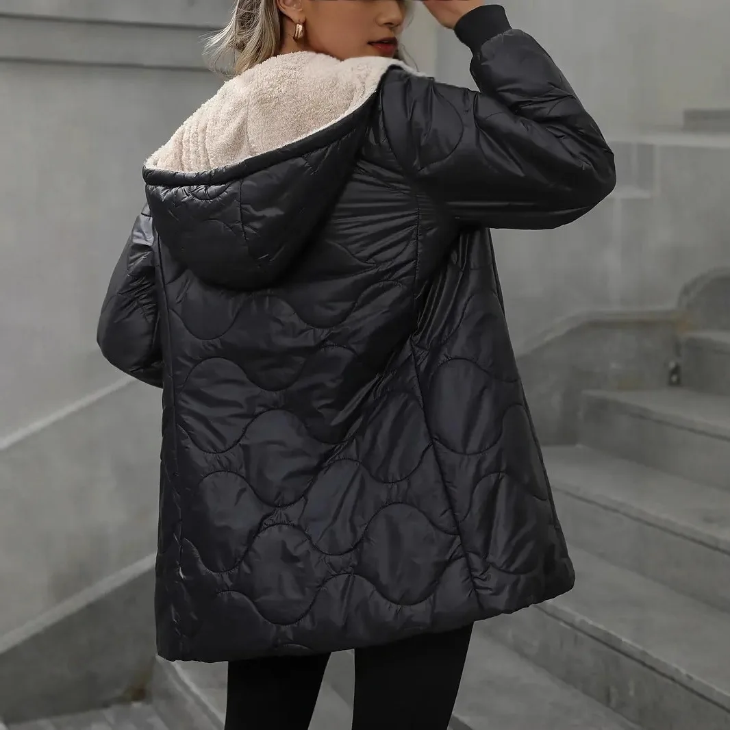 chamarras invierno mujeres Winter warm long-sleeved jacket 2025 women's hooded long-sleeved velvet solid color mid-length jacket