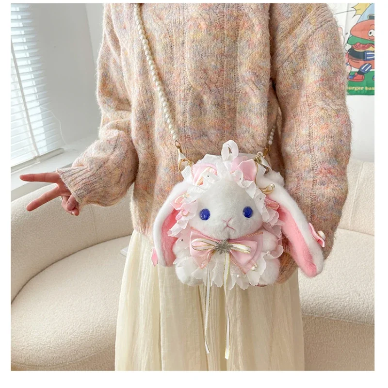 Kawaii Japanese Lolita Popular Girl Bag Backpack Girl Heart Gentle Style Crossbody Double Pearl Chain Rabbit Bag Wholesale Gifts