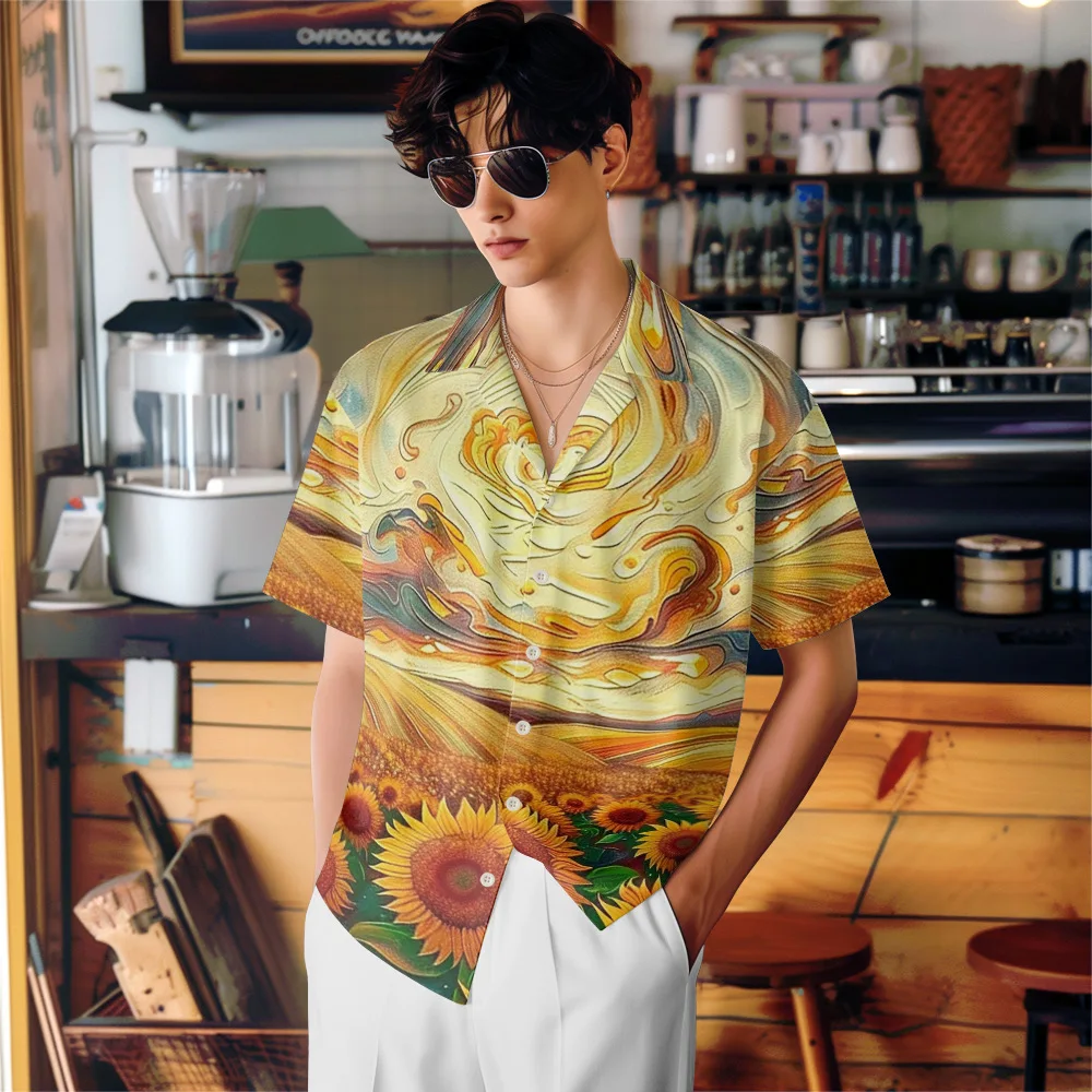 

Золотые гавайские пляжные рубашки со звездным подсолнухом, мужские повседневные рубашки с короткими рукавами, быстросохнущая одежда для отдыха на море, свободные топы