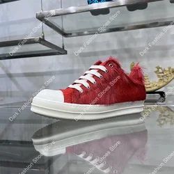 24ss New Horse Hair Low Top Quality Casual Shoes Dark Red Men Genuine Leather Thick Sole Lace Up Luxury Sports Ro Women Sneakers