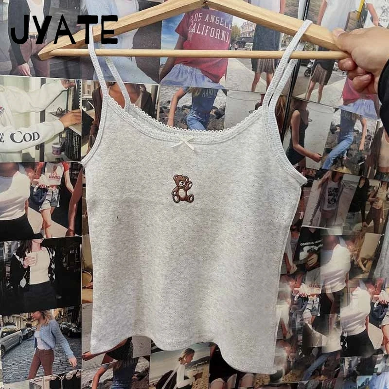 

Sweet Little Bear Embroidery Hollow Out Camisole Women New Cotton Simple Slim Bow Sleeveless Vests Vintage Cute Casual Tank Tops