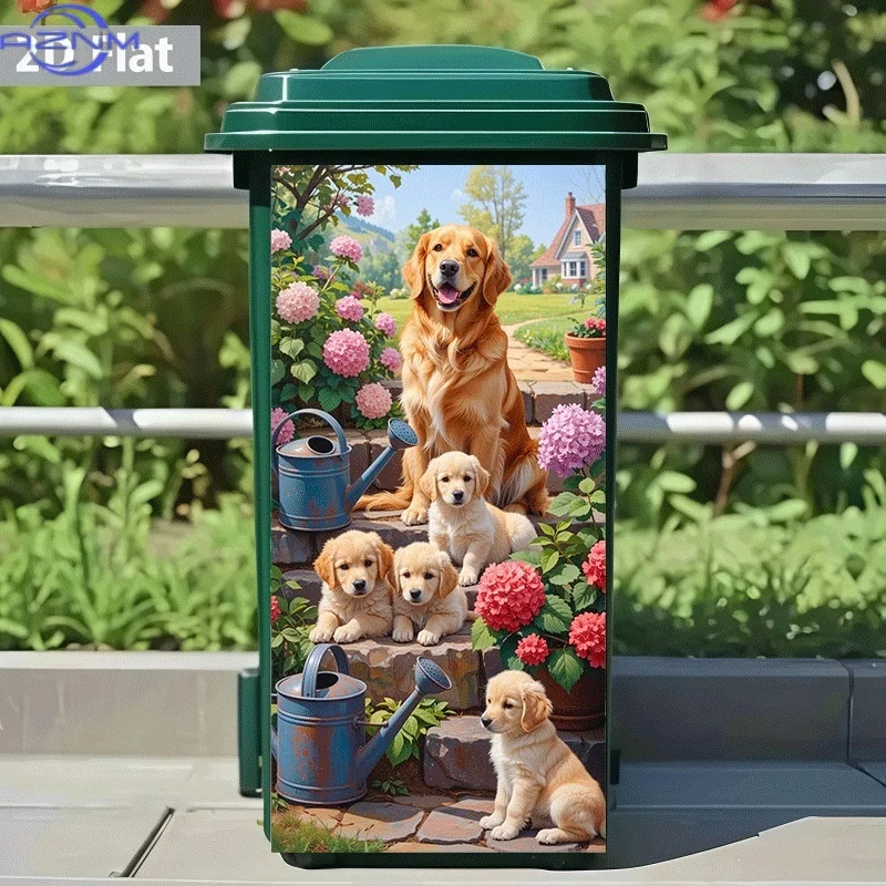 2D Flat Printing 1pc Trash Can Sticker, Golden Retriever Mother and Child Garden Joy Themed Design, Self-Adhesive Wall Decal W
