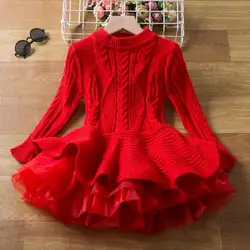 New Solid Color Mesh Long Sleeved Mini Woolen Dress for Girls In Autumn and Winter Christmas Fashionable Warm Princess Dress