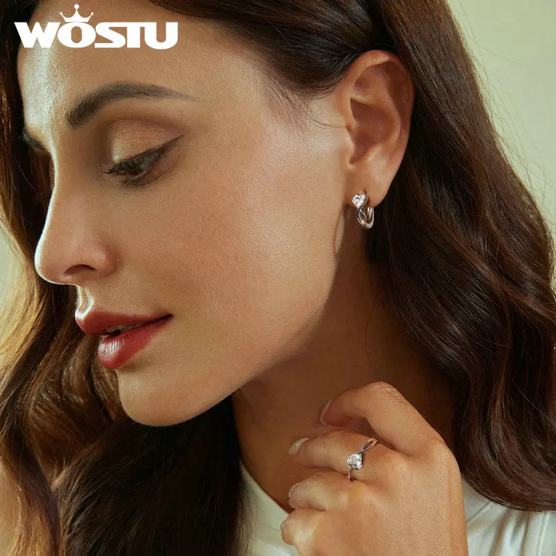 WOSTU 925 Sterling Silver Inifinite Love Hoop Earrings Heart Zircon Ring For Women Lovely Wedding Jewelry Set Lovely Engagement