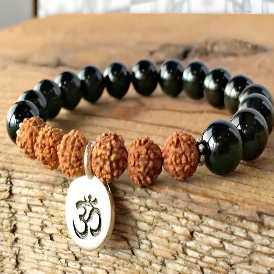 

8mm Obsidian Gemstone Rudraksha Mala Bracelet 7.5 inches Bodhi Chaplet Buddha tassel Japa Hand Men's Jewelry elastic Tibetan
