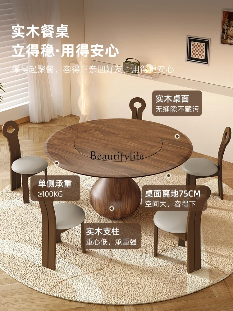 Solid wood dining table round retro style Nordic simple with turntable household dining table