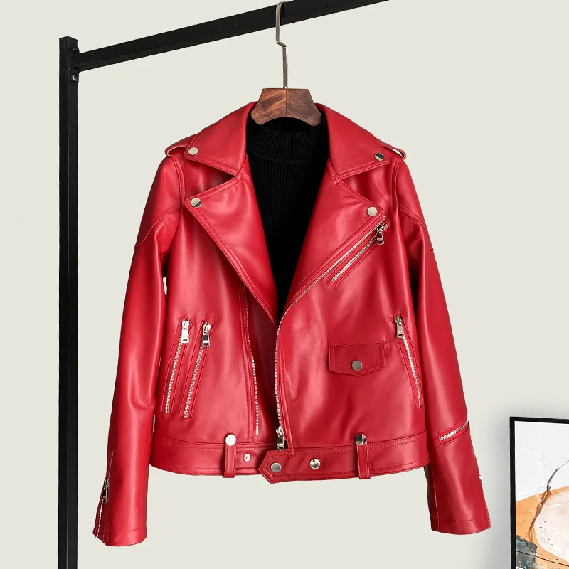 سترة جلدية أصلية لخريف وشتاء 2025 بقصة ضيقة من جلد الغنم وسحاب للدراجات النارية معطف لسائقي الدراجات النارية ملابس خارجية بياقة مقلوبة #1