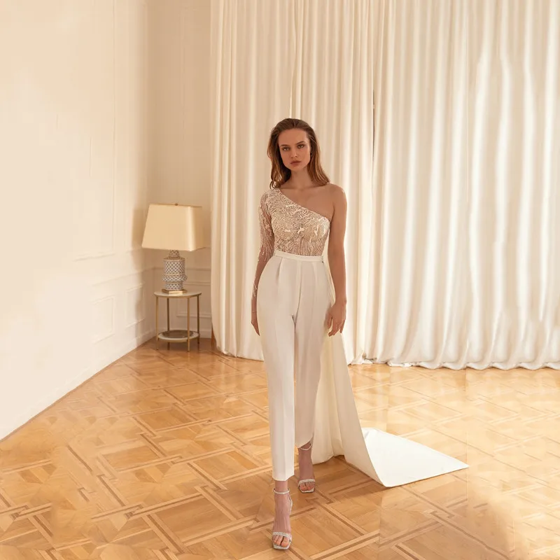Boho Ivory Long Trousers Sheath Wedding Dresses For Woman Modern One Shoulder Pleated Beading Embroidery Illusion Open Back 2026