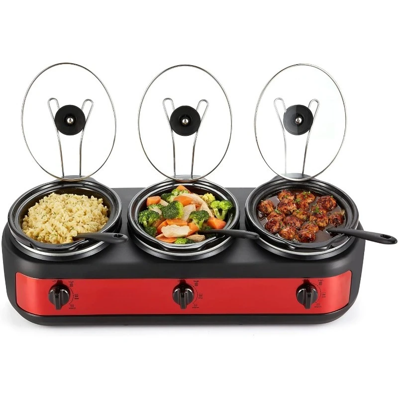 

Elite Gourmet EWMST-325R Maxi-Matic Triple Slow Cooker Buffet Server Adjustable Temp Dishwasher-Safe Oval Ceramic Pots, Lid Rest