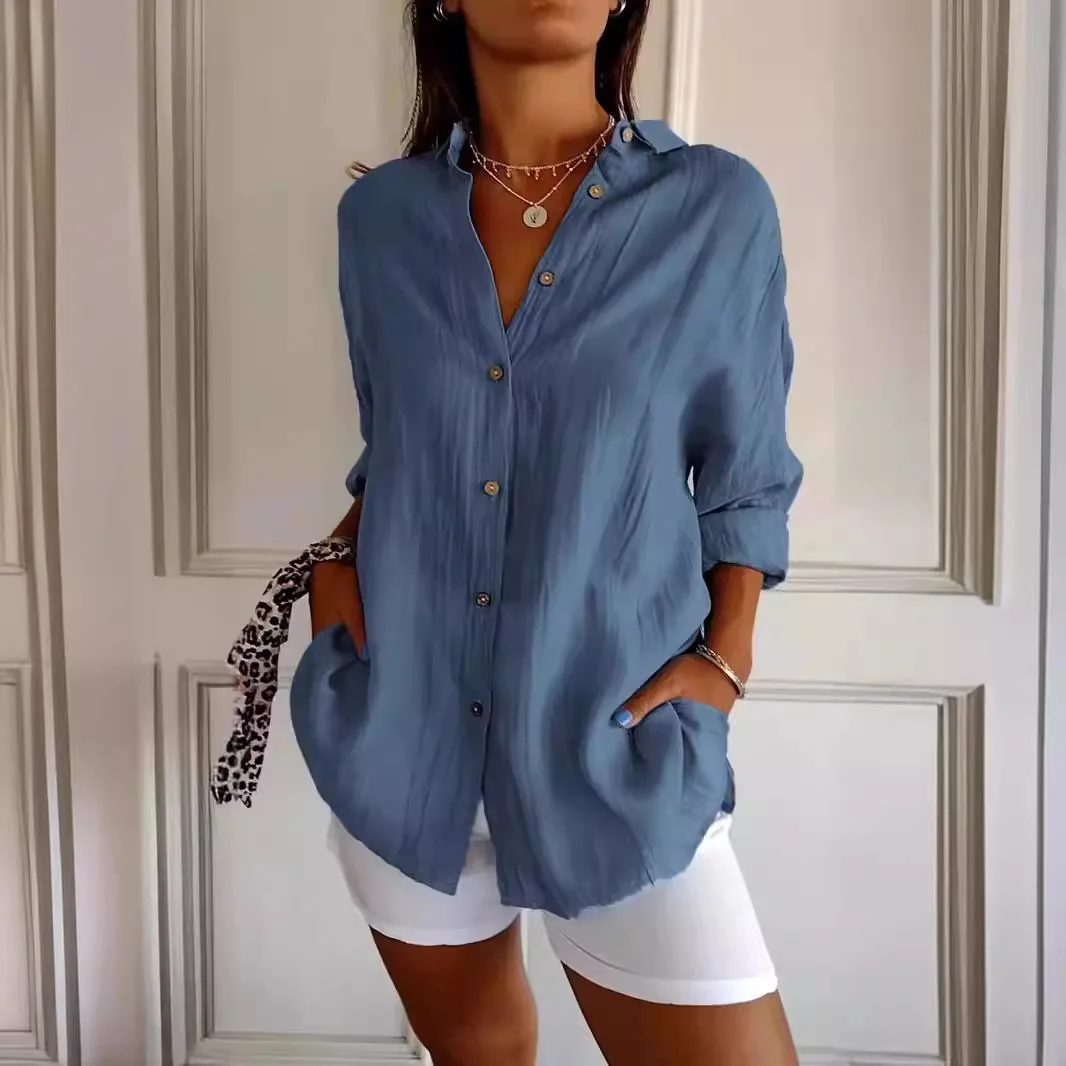 

2025 Новая однобортная рубашка со складным воротником для женщин, однотонный топ с рукавами