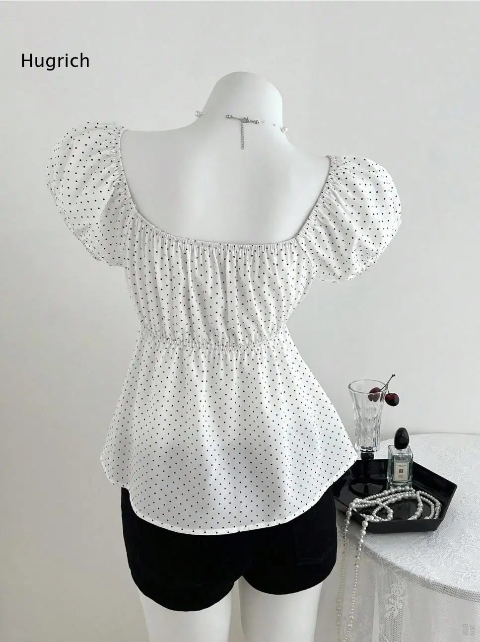 Women Square Neck Puff Short Sleeve Blouse Polka Dot Print Button Front Elastic Waist Peplum Hem Tops For Summer Daily Casual