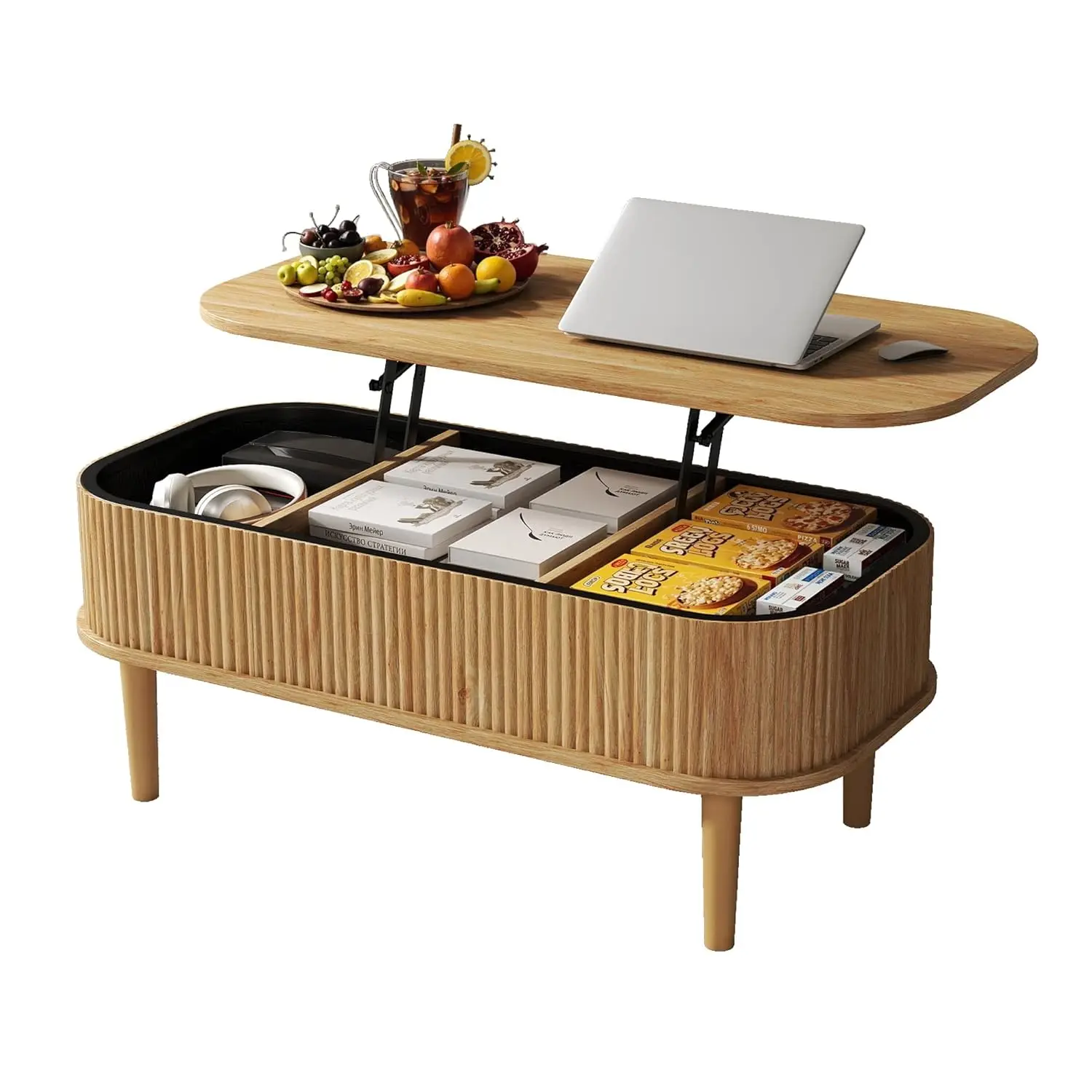 

Coffee Table, Fluted Lift Top Coffee Tables For Living Room, Center Tables With Hidden Compartment, Modern Oval Coffee Table For