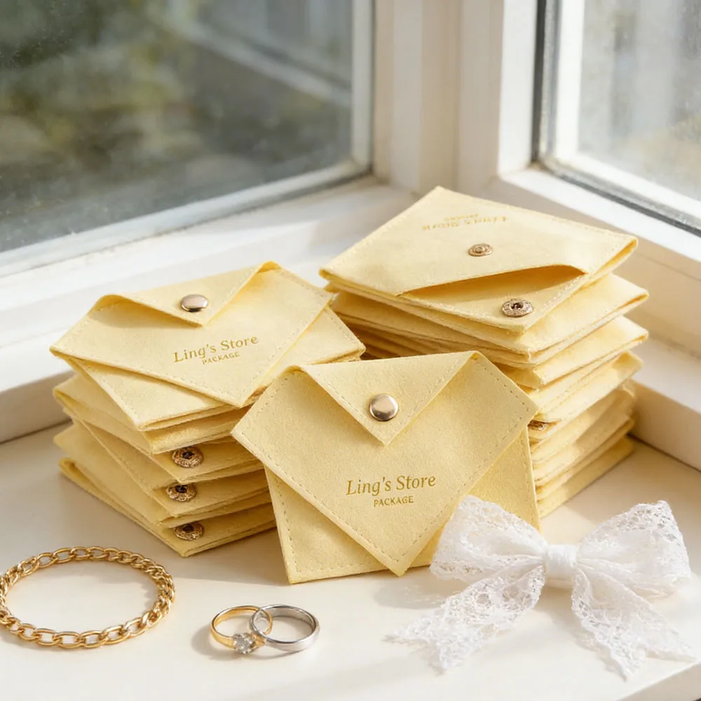 

100Pcs Yellow Personalized Triangle Jewelry Snap Bag Earrings Ring Bracelet Keychain Crystal Necklace Lipstick Eyelash Packaging