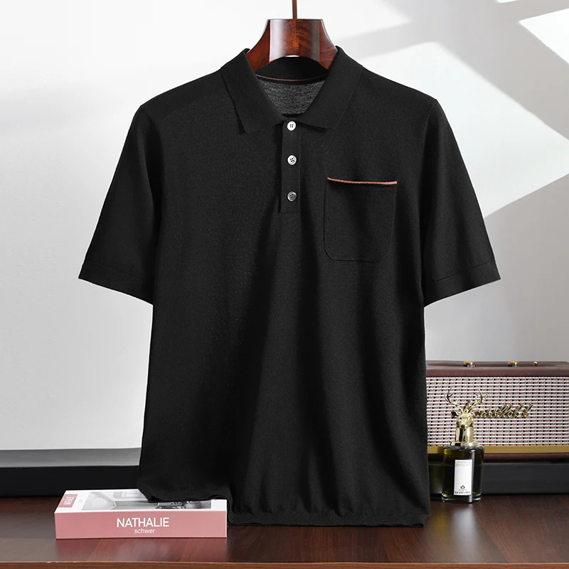 Men's Knit 100% Wool Polo Shirt - Breathable & Stretch Turn-Down Collar Design for Business Golf and Social Events Summer New