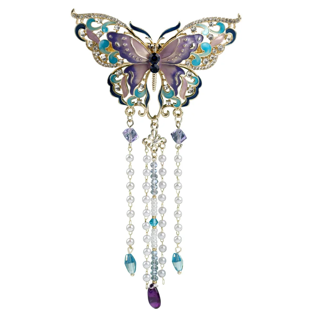 2026 New Vintage Purple Enamel Butterfly Tassel Spring Clip For Women Half Up Back Barrette Elegant Daily Party Hair Accessories