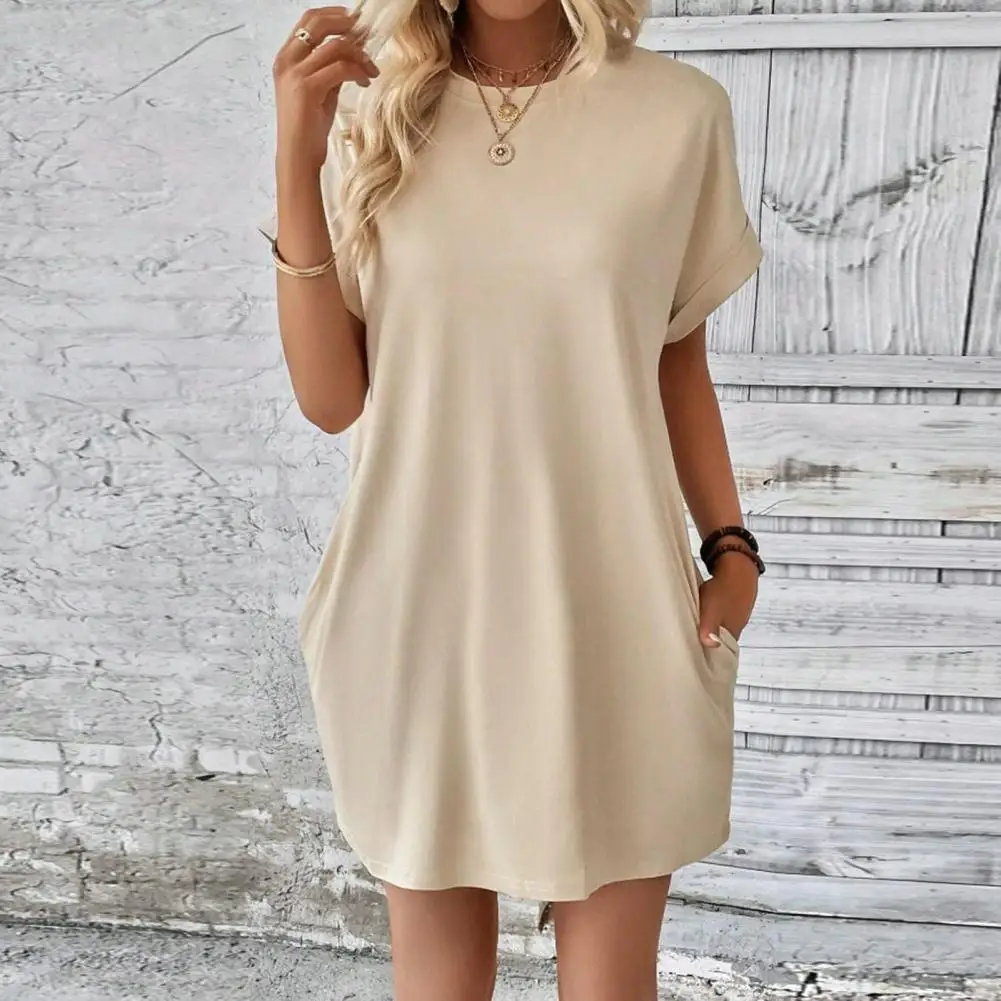 

Lady Summer Dress Pure Color Crew Neck Short Sleeves Dress Loose Side Pockets Casual Soft Commute Office Dating Mini Vestidos