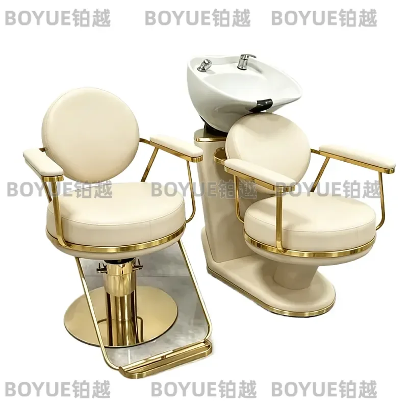 Luxury Hair Salon Shampoo Chair with Ceramic Basin Gold Plated Base Professional Barber Wash Station Set for Beauty Spa