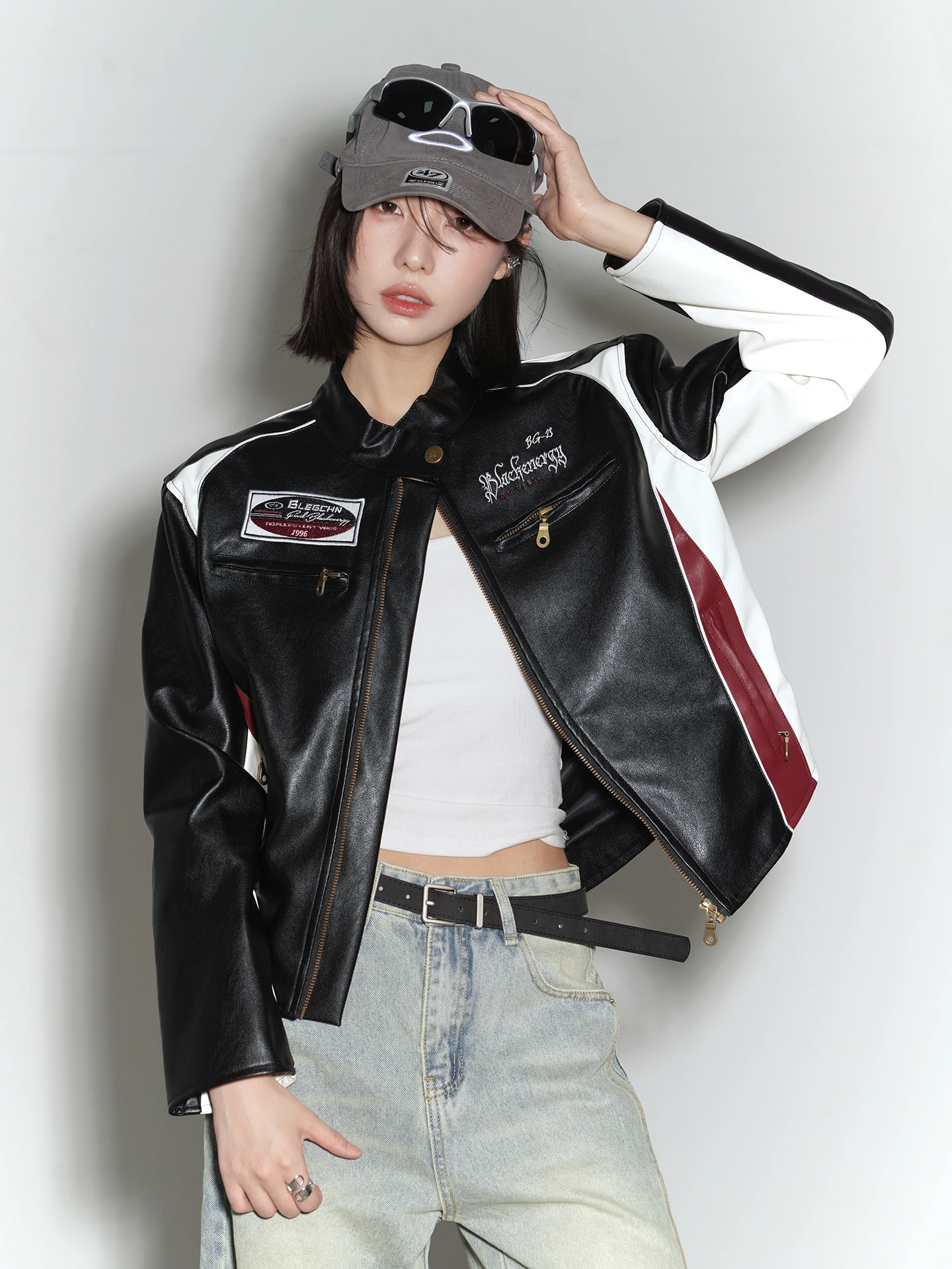 

Spring 2026 New Women's Motorcycle Sle Patchwork Color Blo Leather Jaet Windproof High Gloss PU ort Coat Zipper Closure