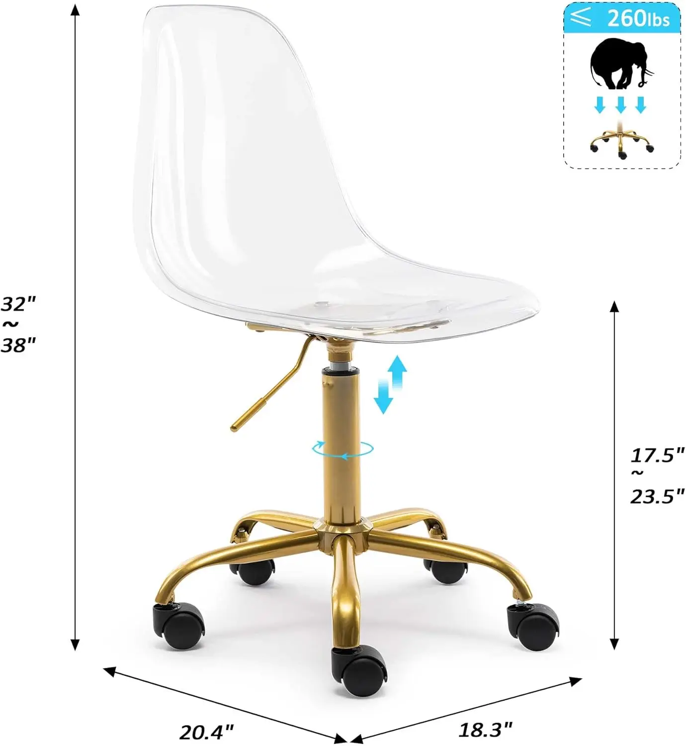 Clear Desk Chair, Armless Acrylic Desk Chair with Golden Feet Swivel Molded Plastic Vanity Chair Adjustable Home Office Chair