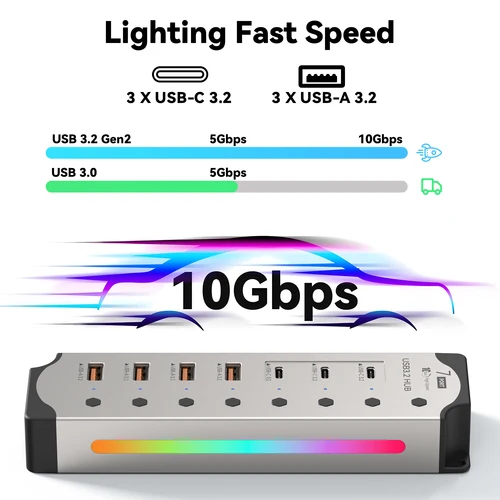 Imagen 2 del producto Hub USB alimentado de aluminio 10Gbps USB-A USB-C 3,2 7 puertos USB C Hub interruptores de encendido/apagado individuales adaptador de corriente de 12V para ordenador portátil